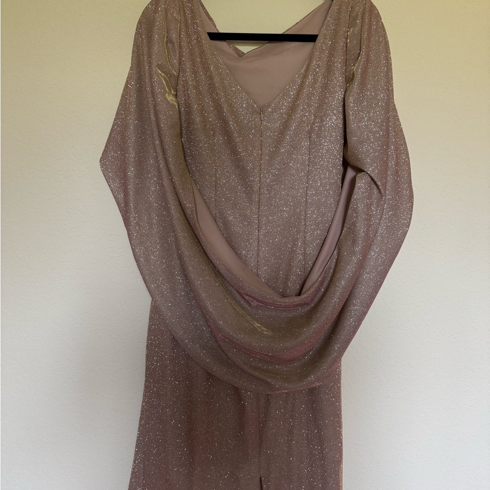 Betsy & Adam Metallic-Knit Draped Sheath Dress Color Taupe/Silver size 12 - Picture 2 of 3